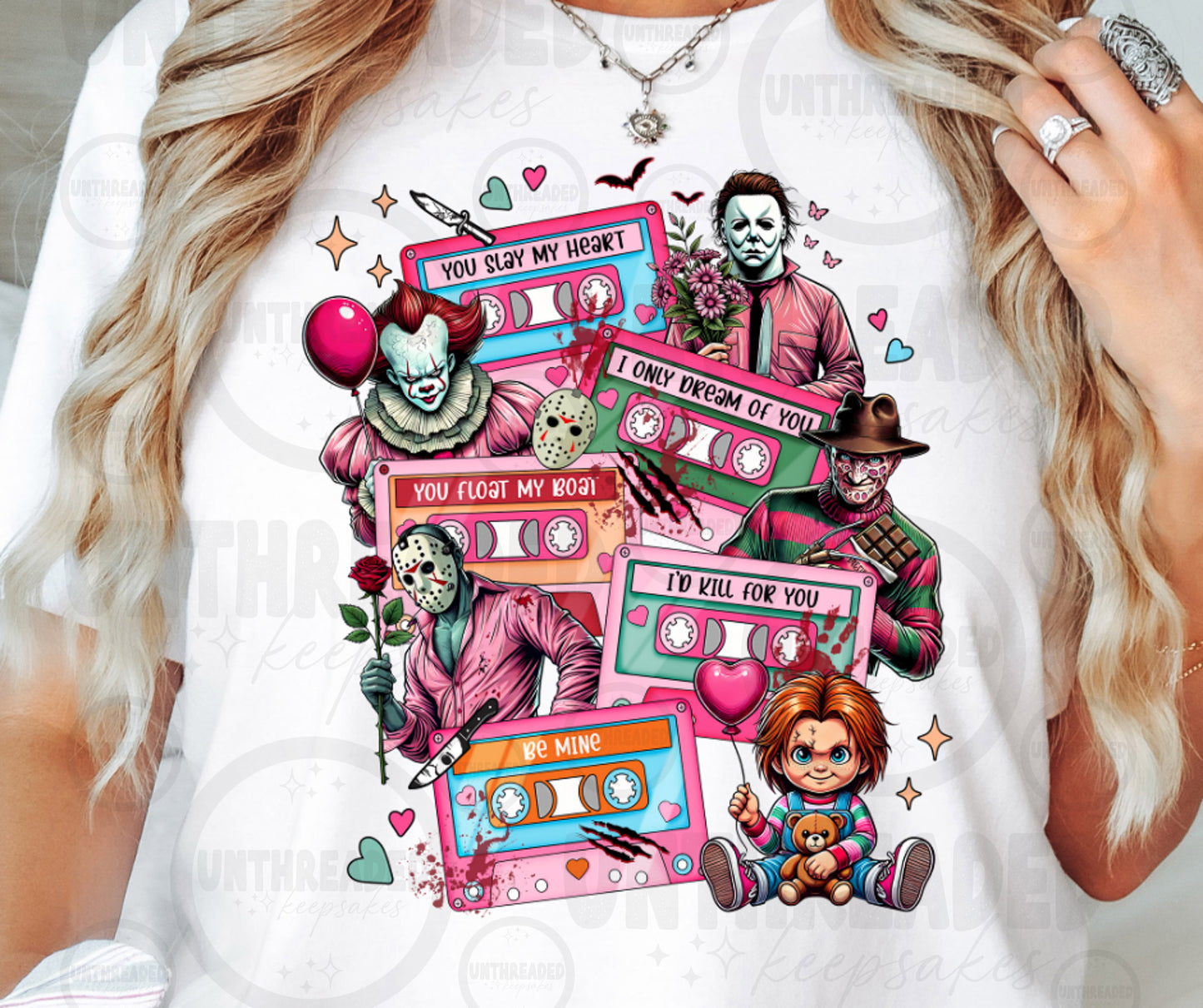 Horror Valentine Cassette Collage Graphic T-Shirt | Dark Romance Spooky Love Tee
