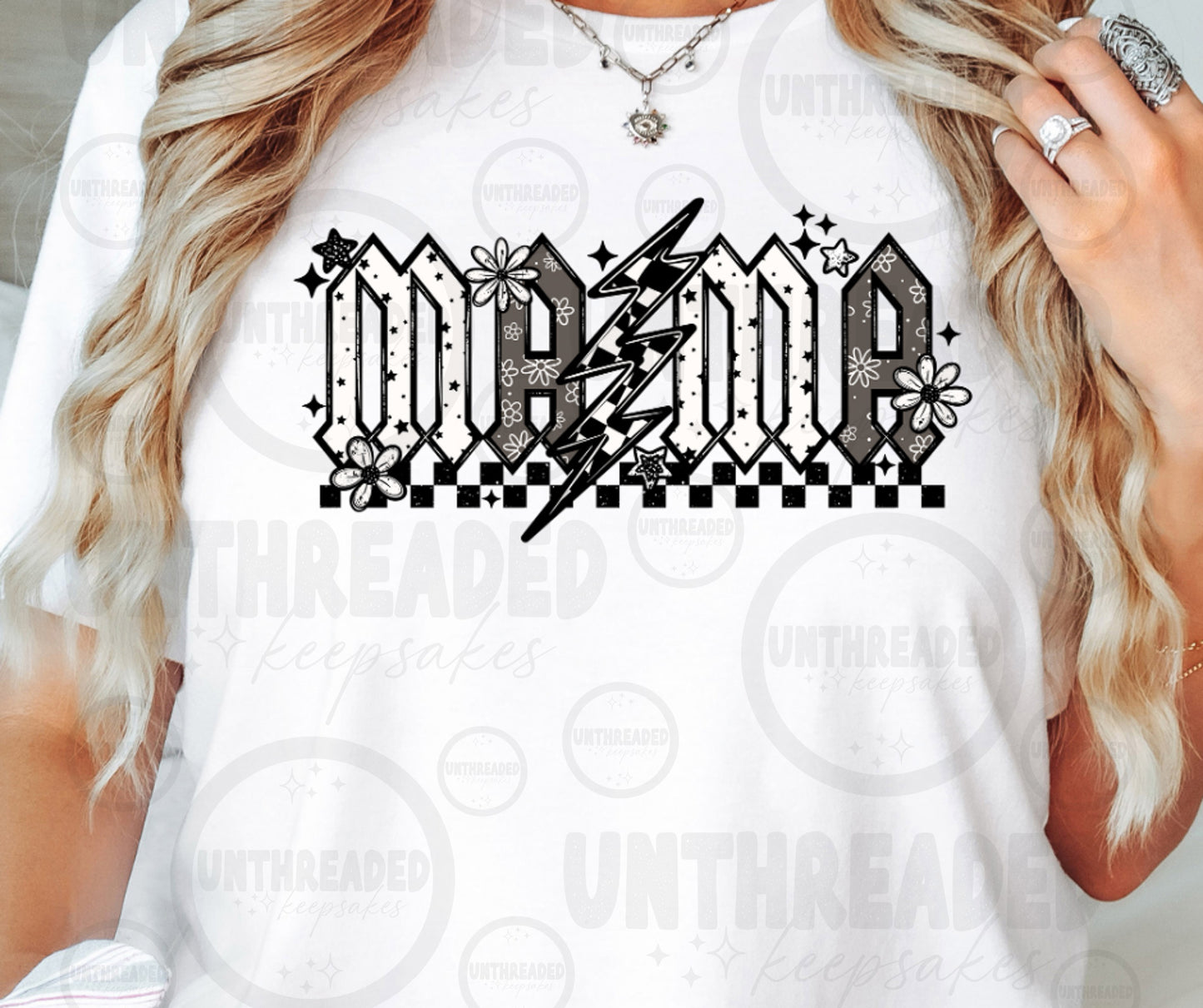 Mama Lightning Bolt Graphic T-Shirt | Trendy Checkered Mom Tee