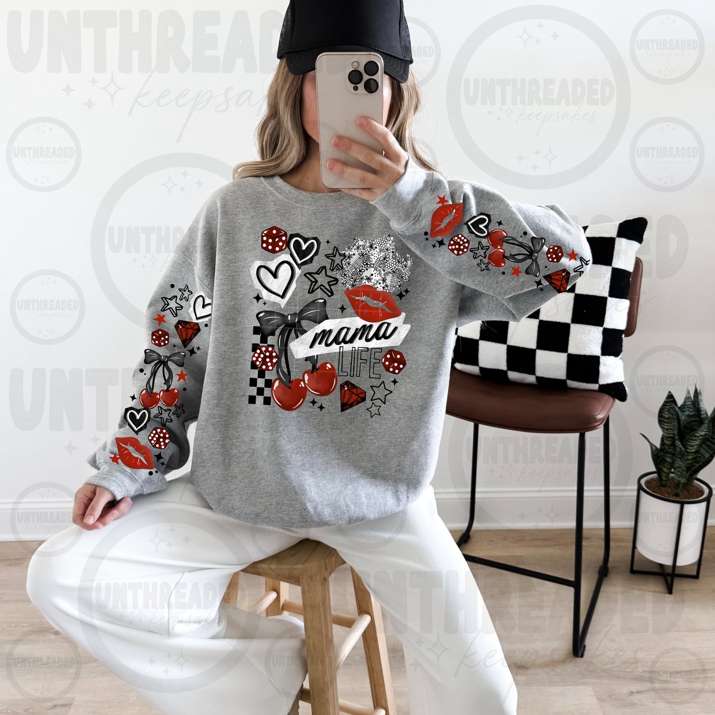 Mama Life Graphic Sweatshirt | Trendy Cherry Dice Sleeve Detail Crewneck