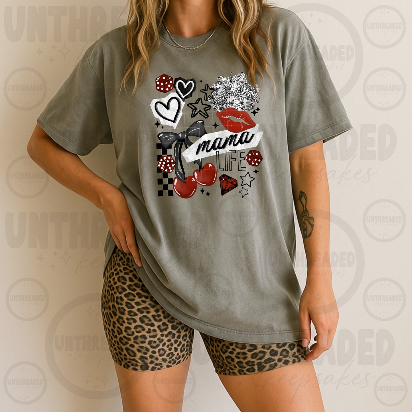Mama Life Graphic Tee – Trendy Cherries & Bow Mom Shirt