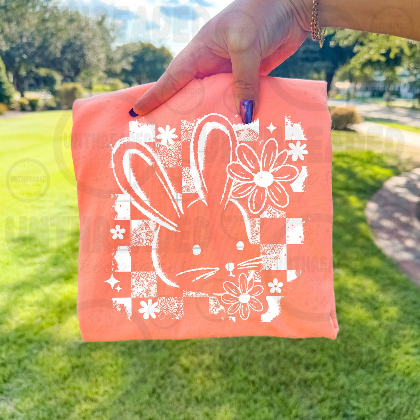 Retro Bunny Checkerboard Graphic Tee | Cute Floral Rabbit Shirt