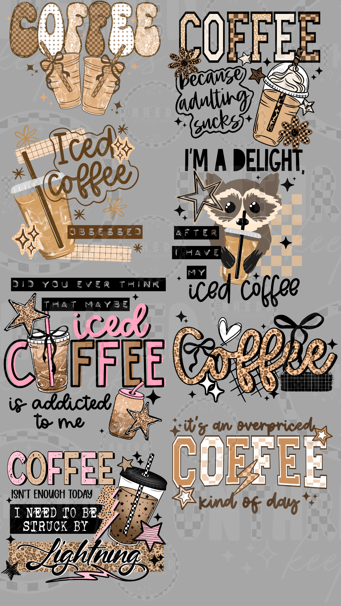 Coffee and iced coffee 22 by 40 inch premade DTF gang sheet