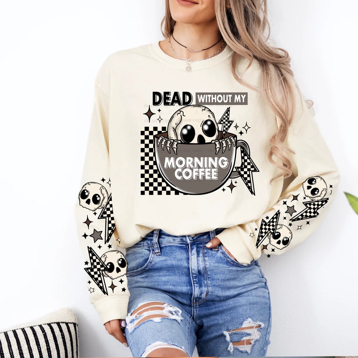 Dead Without My Morning Coffee Cute Womens Graphic Crewneck