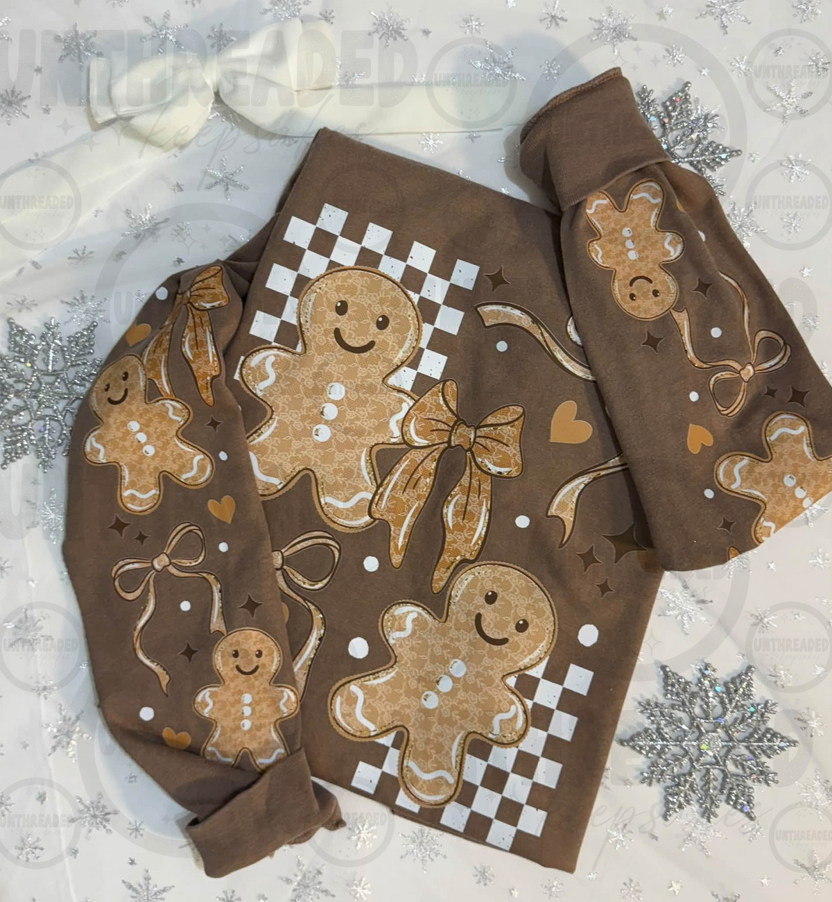 Gingerbread Cookies & Bows Christmas Sleeve Print Crewneck Sweatshirt
