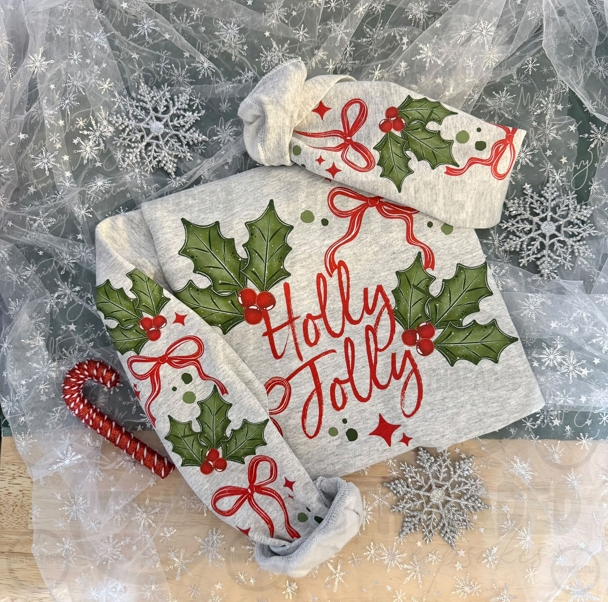 Holly Jolly Christmas holly berry bow sleeve print crewneck sweatshirt