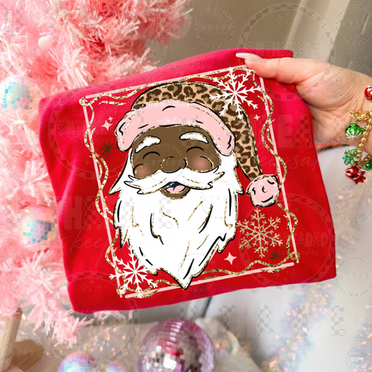 Deep skin tone Santa leopard print pink Christmas red crewneck