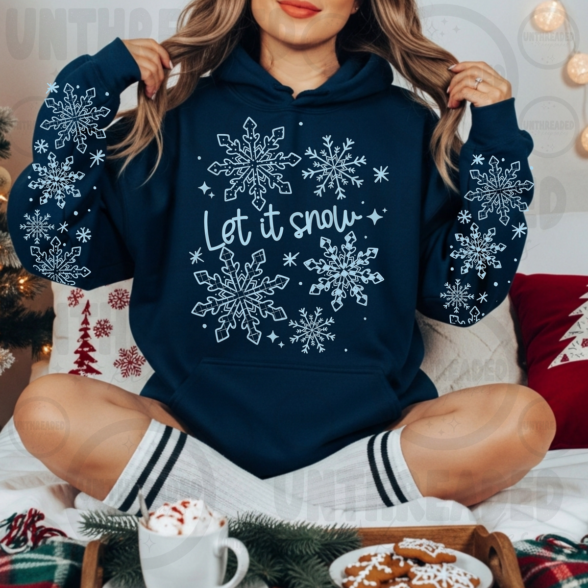 Let It Snow snowflake Christmas hoodie with sleeve designs