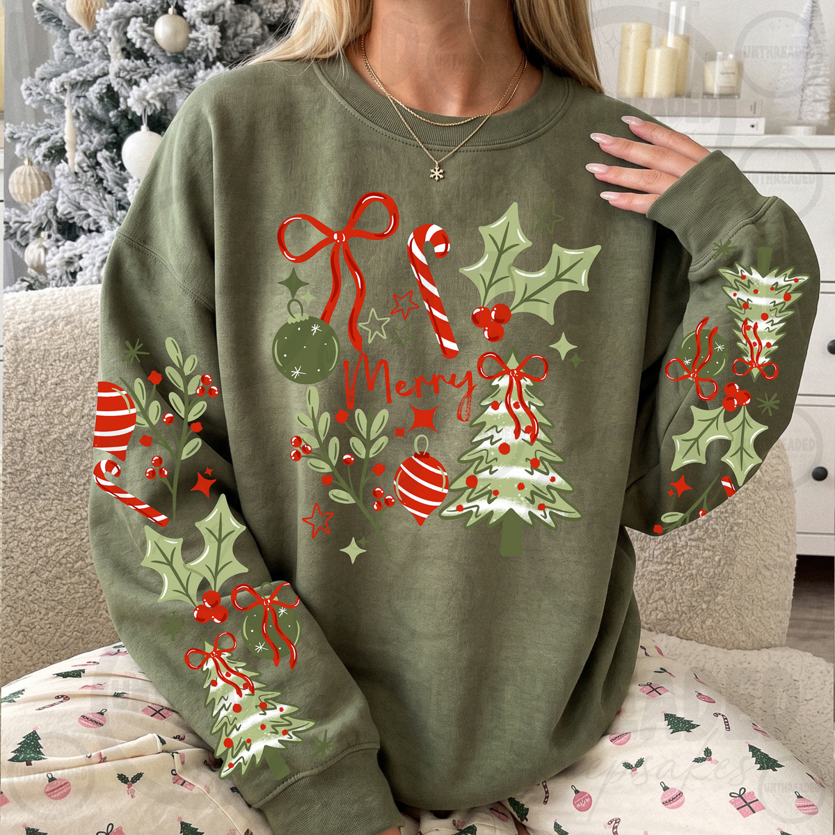 Merry Christmas Bow & Holly Sleeve Graphic Crewneck