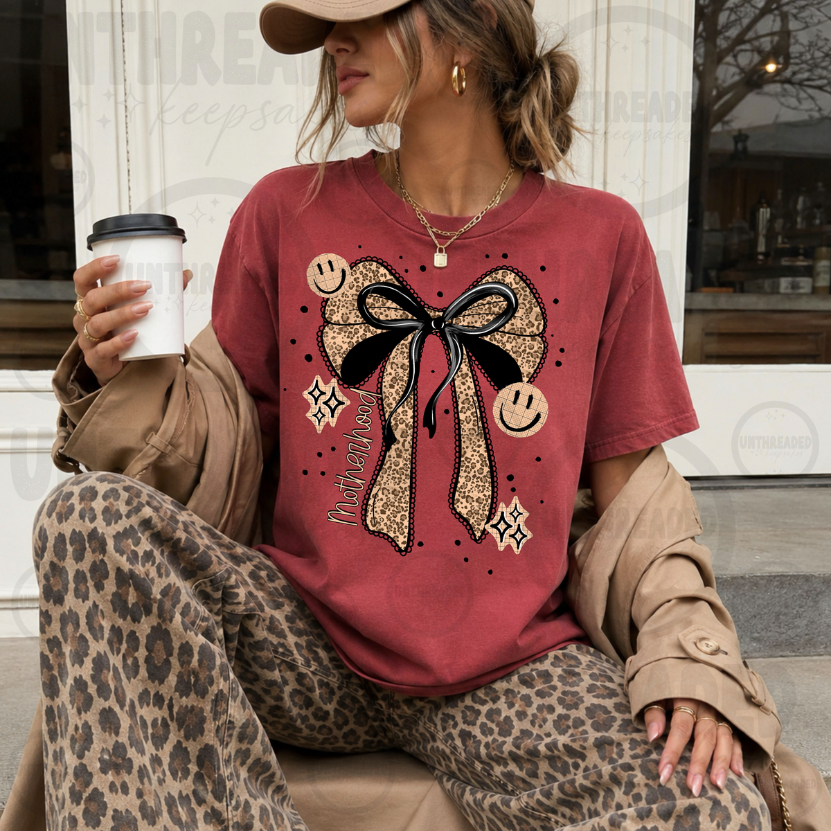 Motherhood leopard bow graphic t-shirt