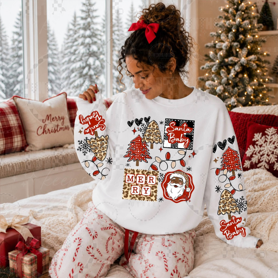 Santa Baby Christmas crewneck sweatshirt with sleeve designs