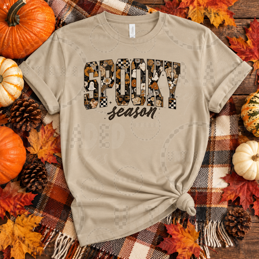 Spooky Season fall Halloween graphic t-shirt with pumpkins, ghosts and checkered details