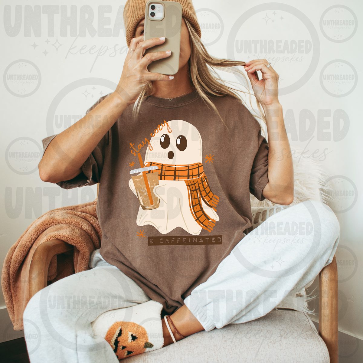 Stay Cozy and Caffeinated ghost coffee fall graphic T-shirt
