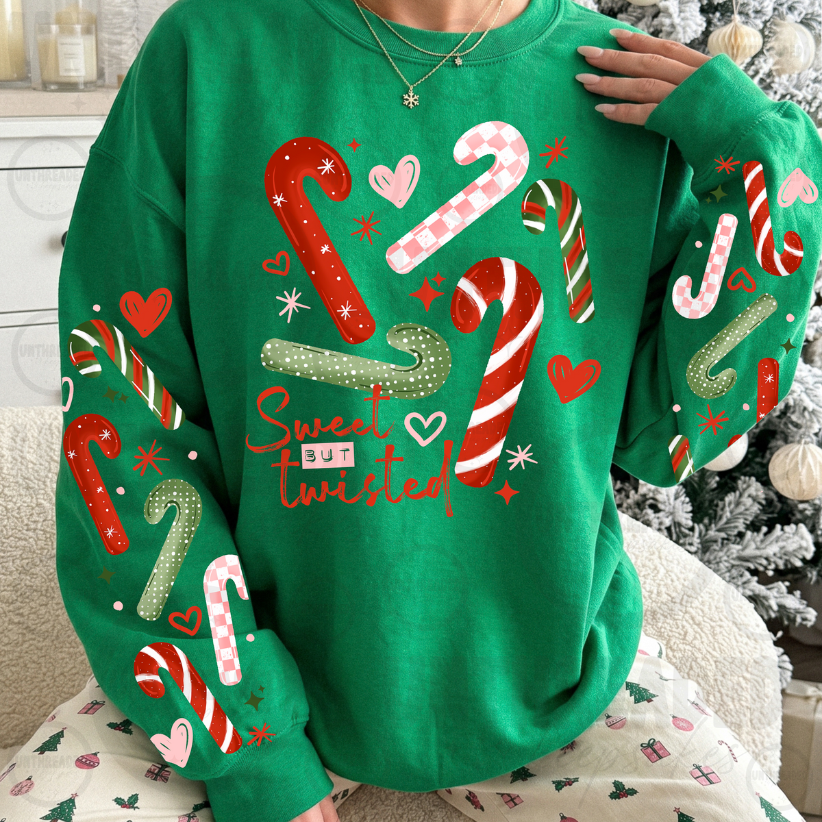 Sweet But Twisted candy cane sleeve print Christmas crewneck