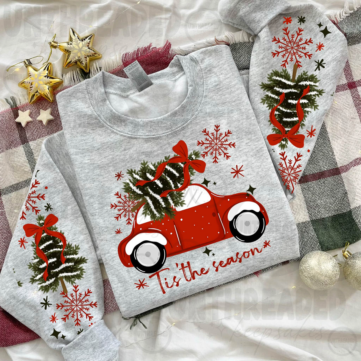 'Tis the Season Christmas Tree Car Sleeve Print Crewneck Sweatshirt