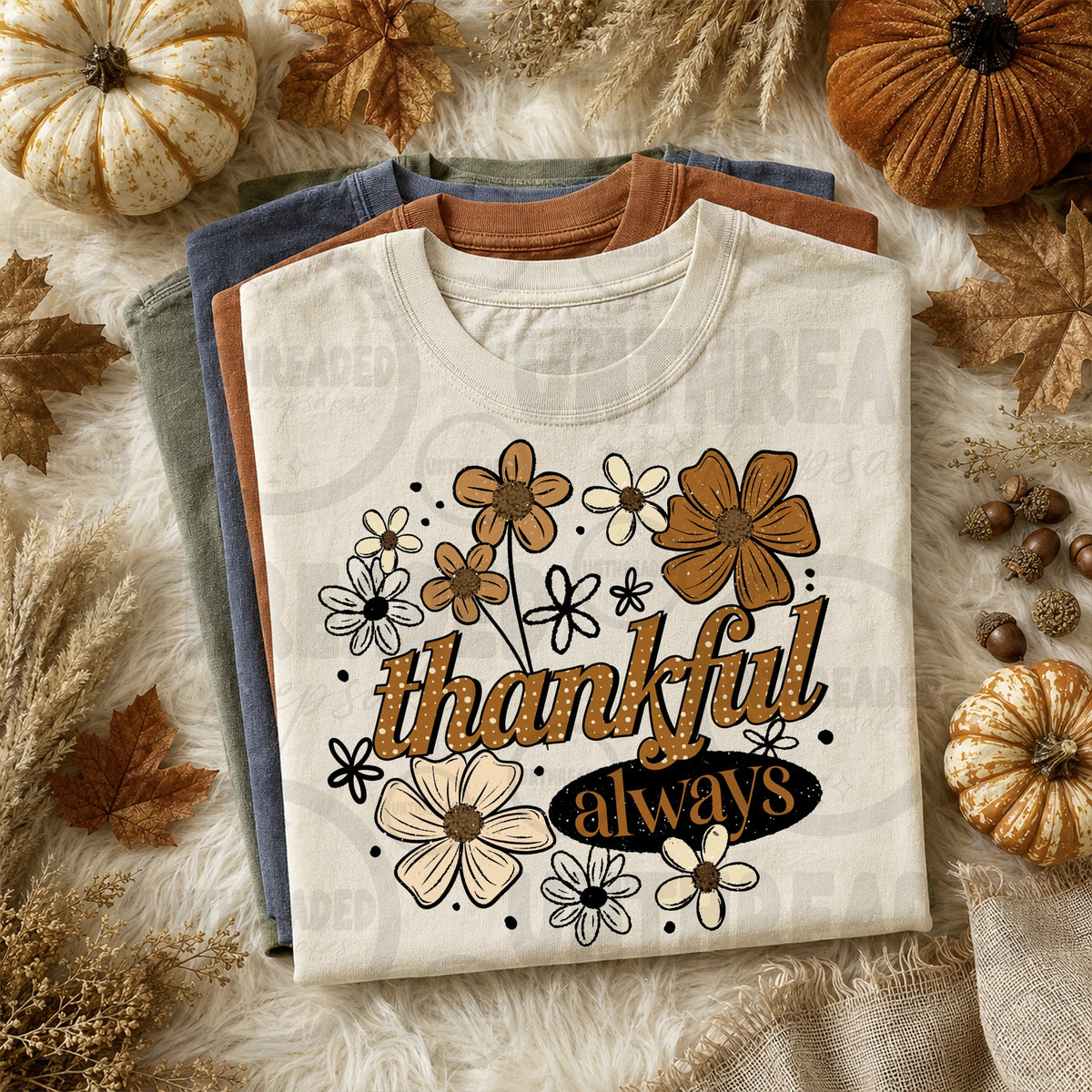 Cream Thankful Always Autumn Floral Graphic T-Shirt mockup