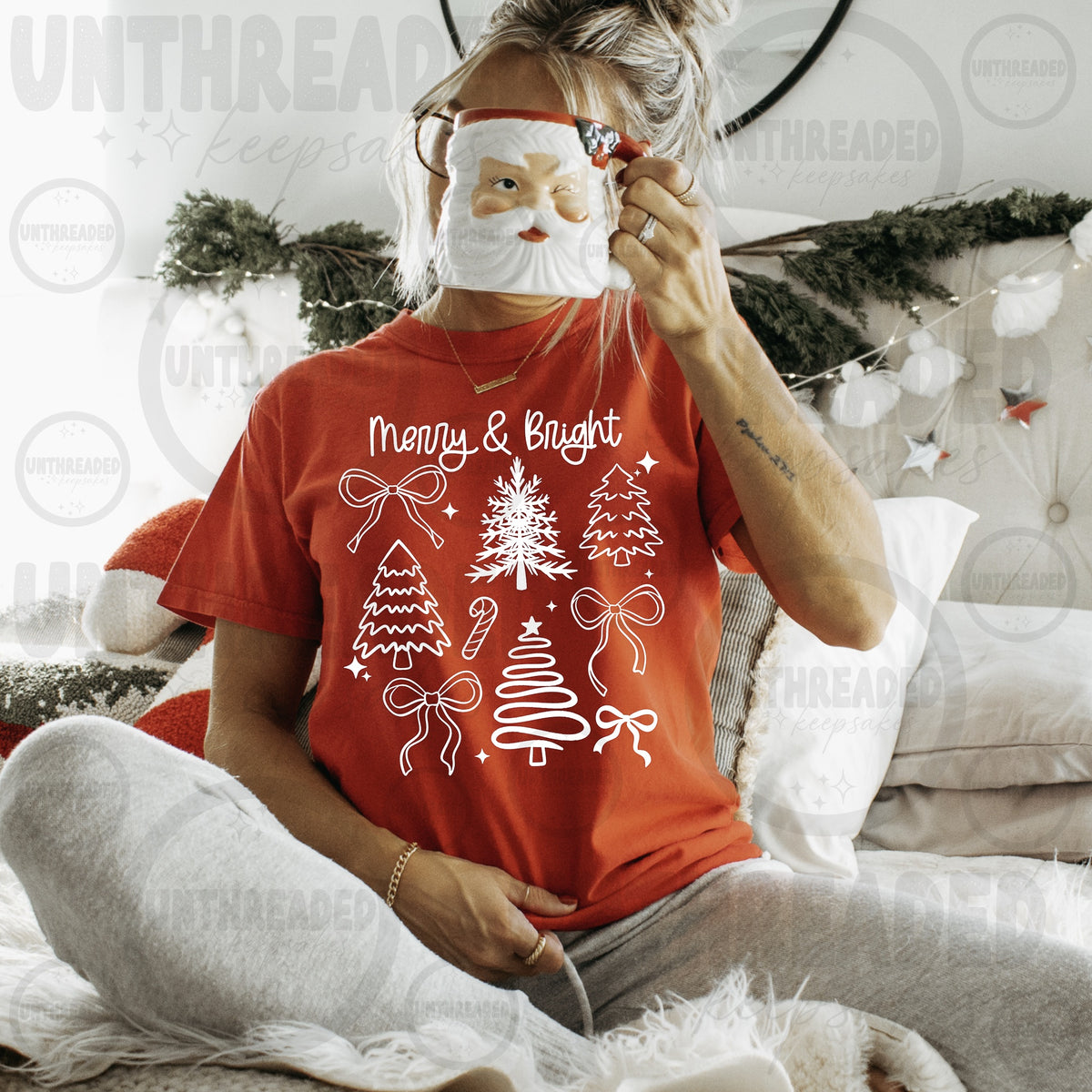 Red Merry and Bright Christmas Trees and Bows Graphic T-Shirt mockup