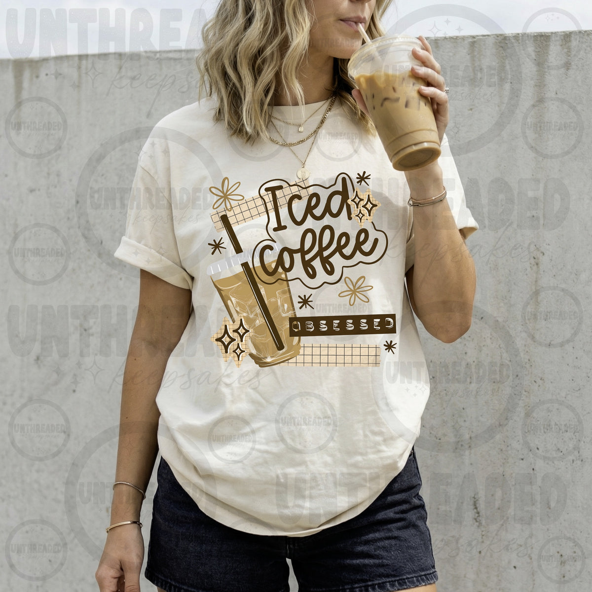 Cream Iced Coffee Obsessed Retro Floral Graphic T-Shirt mockup