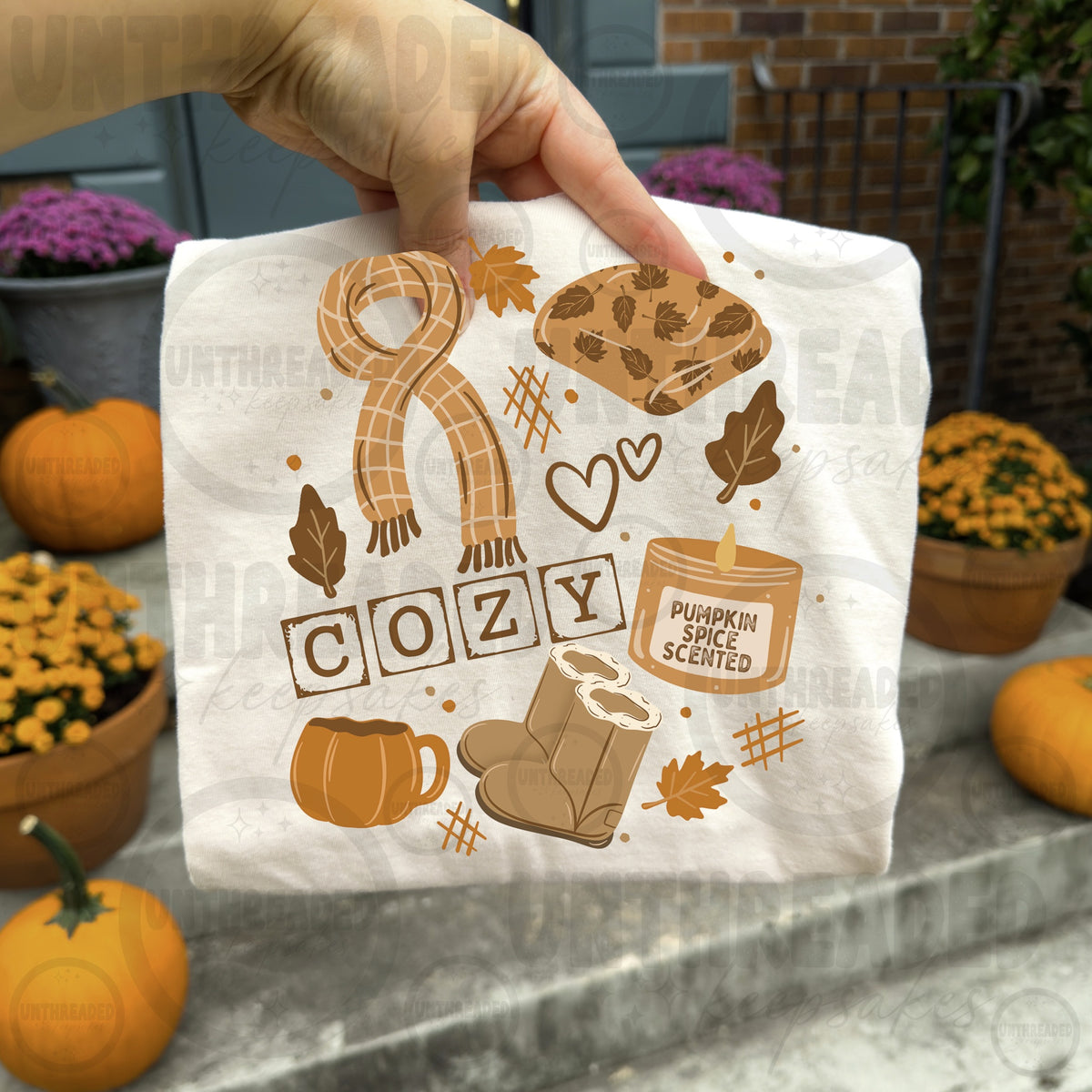 Cozy fall collage graphic T-shirt in cream