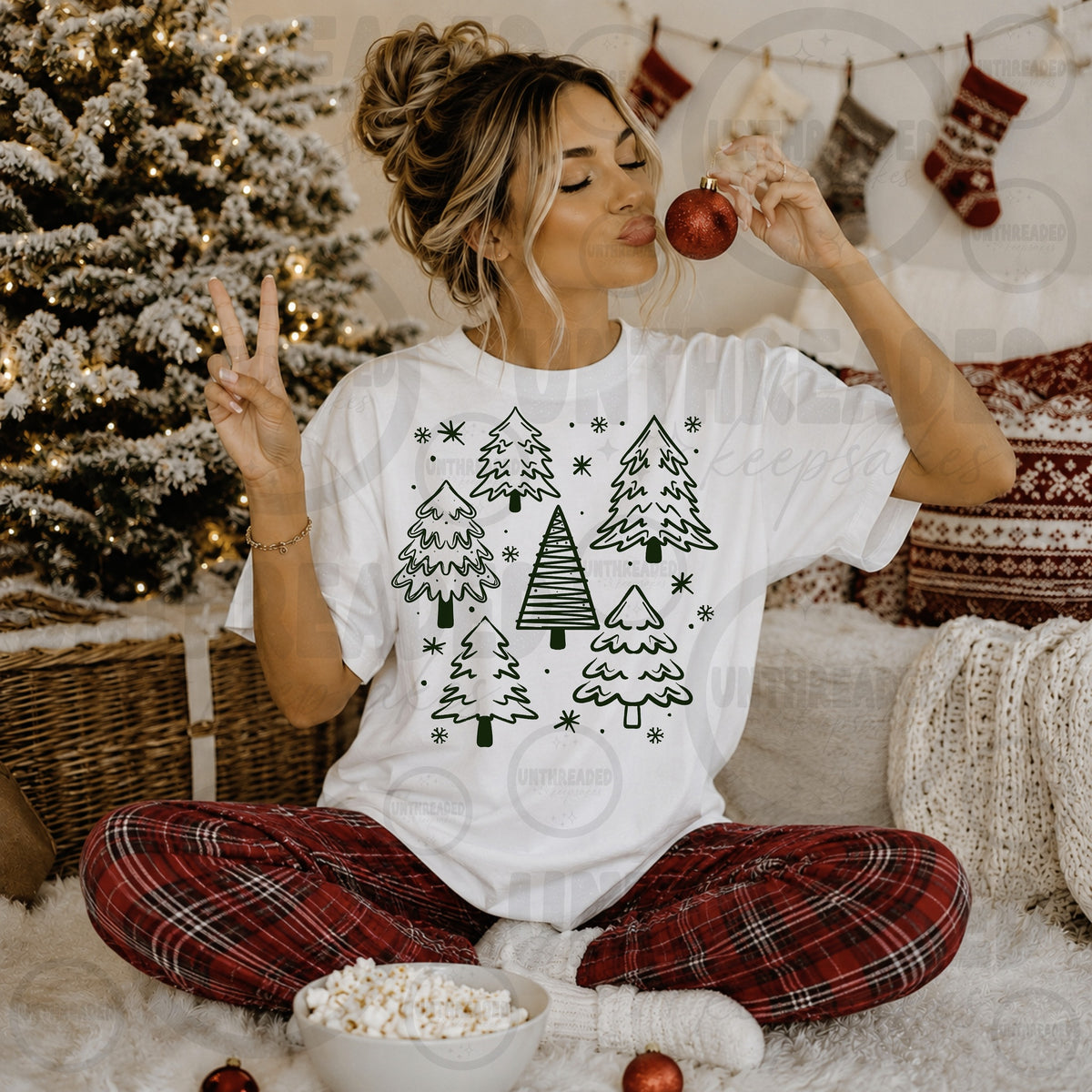 Green Doodle Christmas Trees Graphic T-Shirt in White