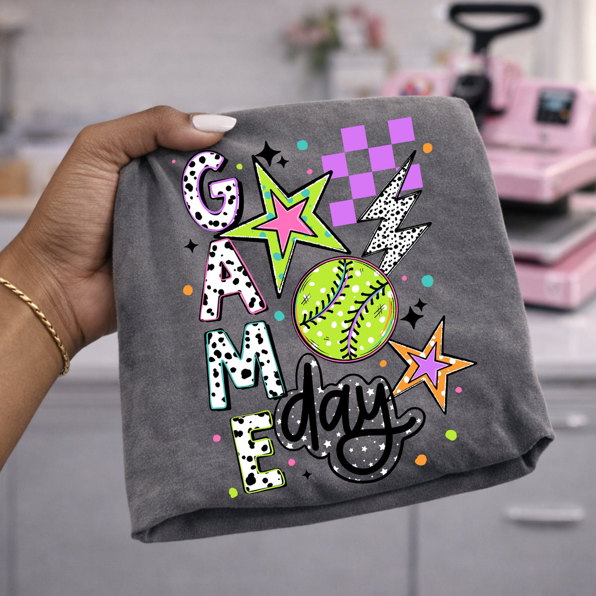 Charcoal Game Day Neon Softball Stars and Lightning Graphic T-Shirt mockup