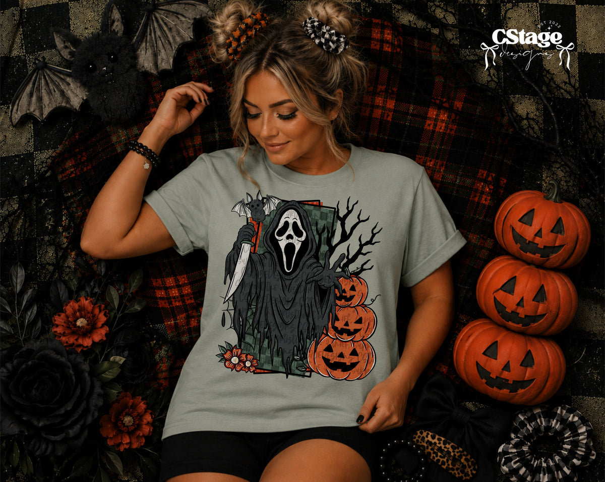Sage Green Ghostface and Stacked Jack-O-Lanterns Halloween Graphic T-Shirt mockup