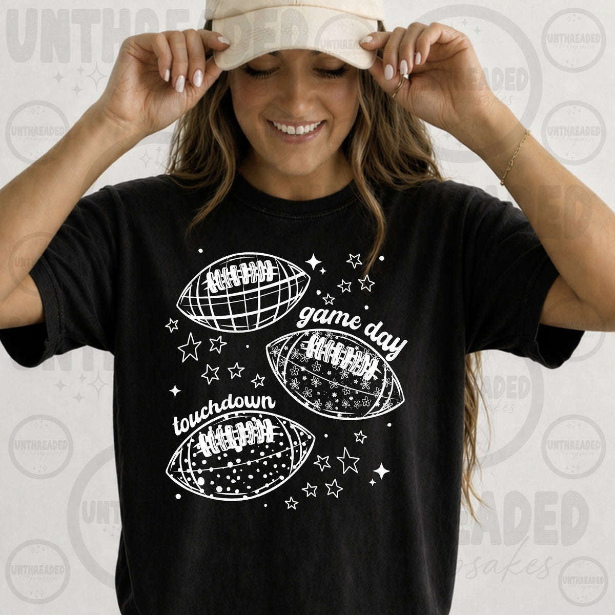 Black Game Day Touchdown Patterned Footballs and Stars Graphic T-Shirt mockup