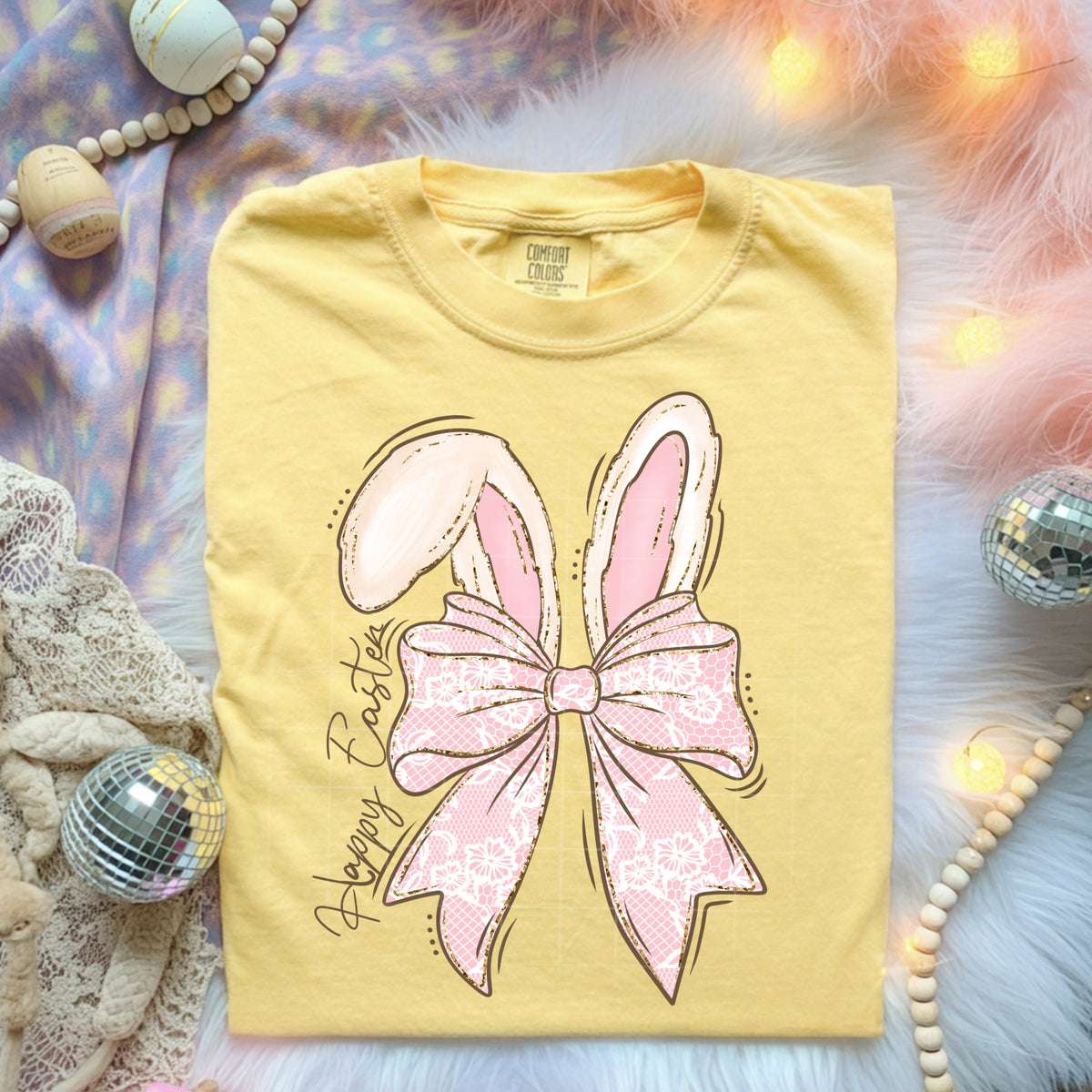 Yellow Happy Easter Pink Floral Bow and Bunny Ears Graphic T-Shirt mockup