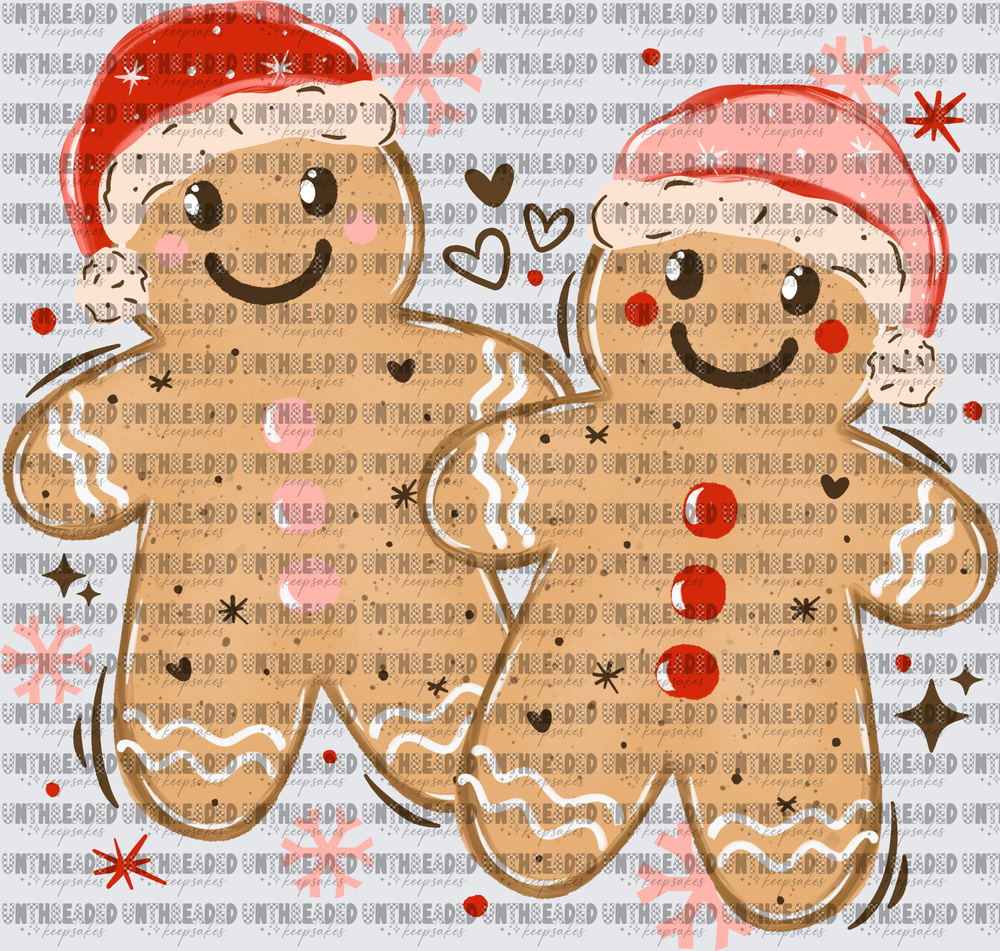 Cute Gingerbread Cookie Couple Santa Hats Snowflakes Hearts