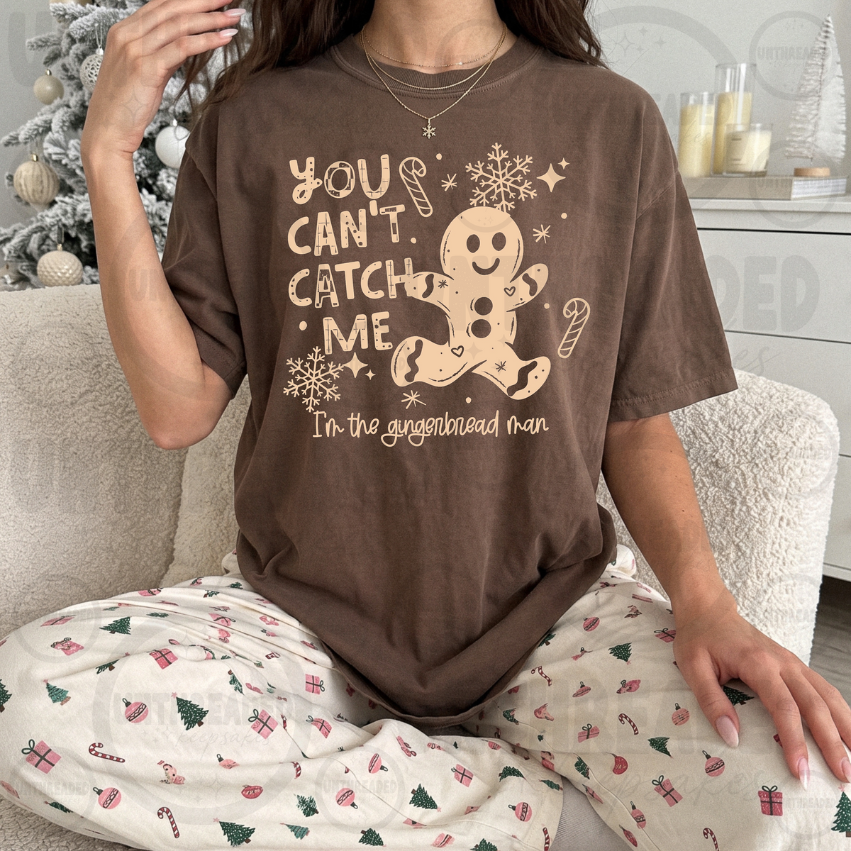 You Can't Catch Me Gingerbread Man Christmas T-shirt on brown