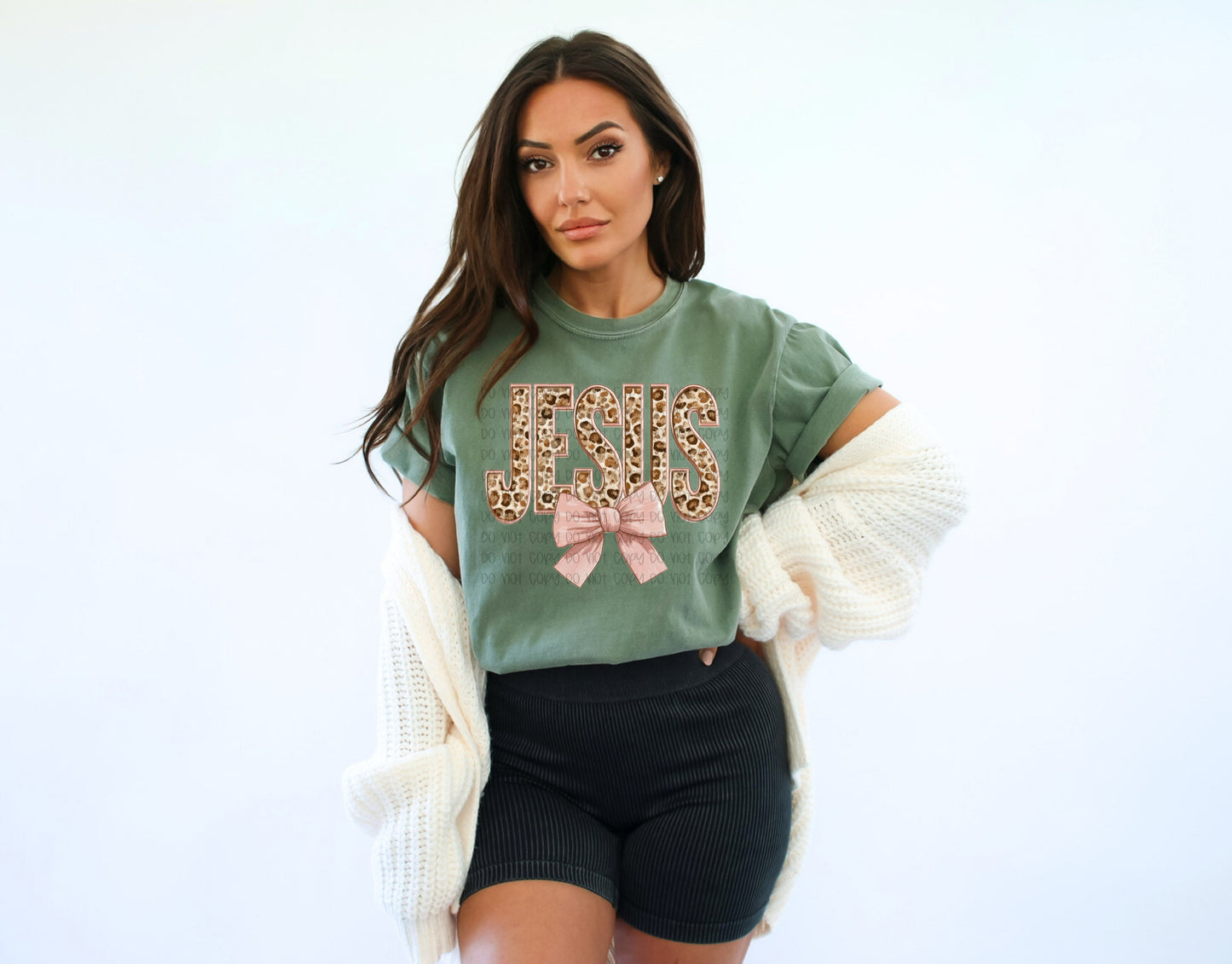 Jesus Leopard Bow Graphic T-Shirt | Christian Faith Tee | Cute Coquette Religious Unisex Shirt | Inspirational Church Apparel