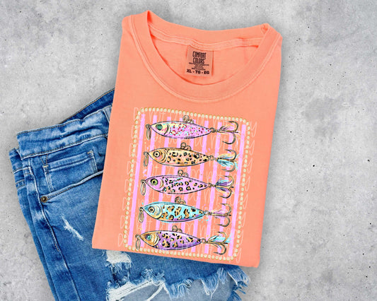 🎣 Pastel Fishing Lure Tee | Colorful Bass Fishing Shirt | Cute Angler Graphic T-Shirt | Girly Fisherman Gift | Leopard Print Fishing Lures Tee 💖🐟✨
