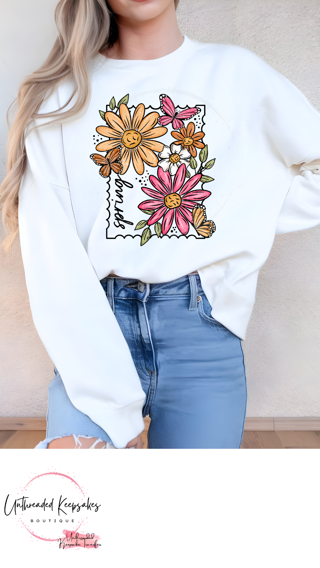 Spring Stamp Flowers Cute Women's Graphic Crewneck