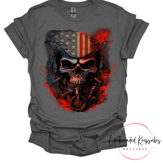 Biker Skull Engine American Flag Graphic T-Shirt