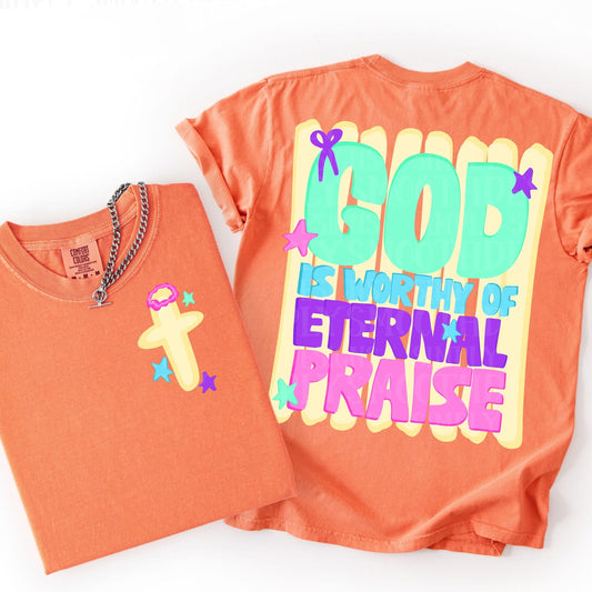 ✝️ God Is Worthy of Eternal Praise Tee | Christian Faith Graphic Shirt | Retro Colorful Worship Back Print Tee | Inspirational Jesus Comfort Colors Shirt 💜✨