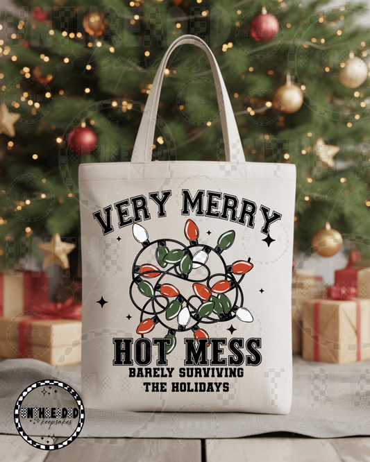 Very Merry Hot Mess Tote Bag 🎄 | Funny Holiday Lights Tote