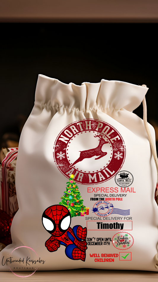 Spider-Man Christmas Graphic Personalized Santa Sack, Customized Christmas Name Bag, Christmas Treat Bags