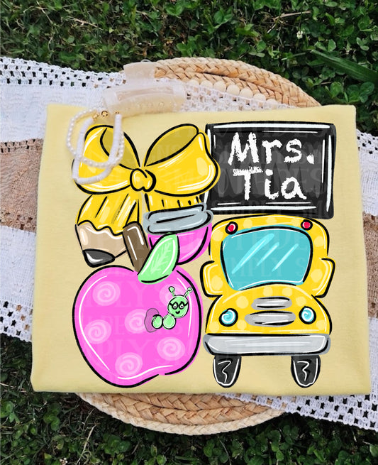 Personalized Teacher Bus Bow & Apple Graphic T-Shirt | Custom Teacher Name Shirt