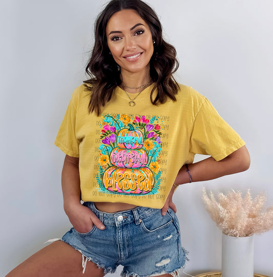 Thankful Grateful Blessed Pumpkin Graphic T-Shirt | Cute Fall Pumpkin Tee | Autumn Thanksgiving Unisex Shirt | Cozy Seasonal Apparel