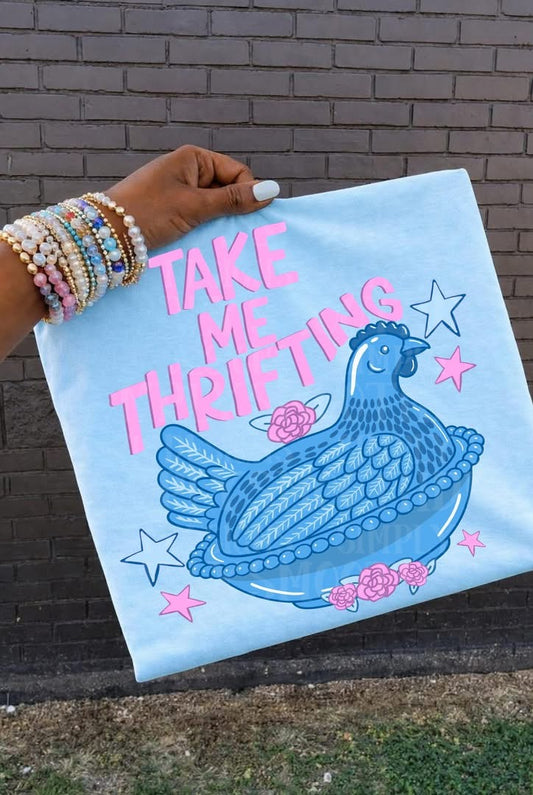 🩵 Take Me Thrifting Chicken Tee | Funny Thrift Store Graphic Shirt | Cute Vintage Hen T-Shirt | Retro Farmhouse Aesthetic Tee | Coquette Country Girl Shirt 🐔✨