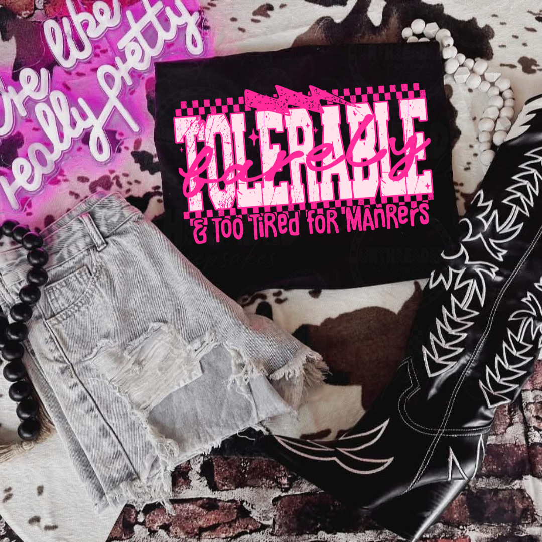 Barely Tolerable & Too Tired For Manners Graphic Tee – Retro Grunge Statement Shirt