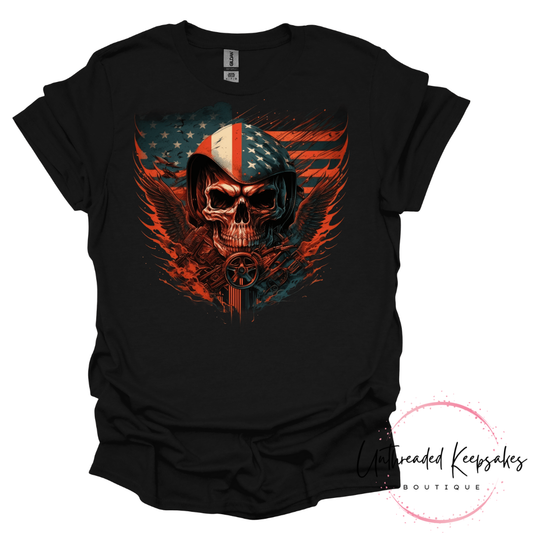 Biker Skull American Flag Graphic T-Shirt