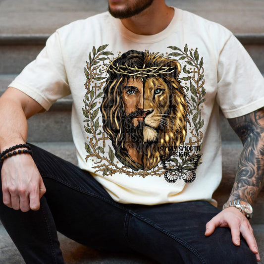 Jesus and Lion Graphic T-Shirt | Lion of Judah Christian Faith Tee | Inspirational Religious Unisex Shirt | Church and Worship Apparel