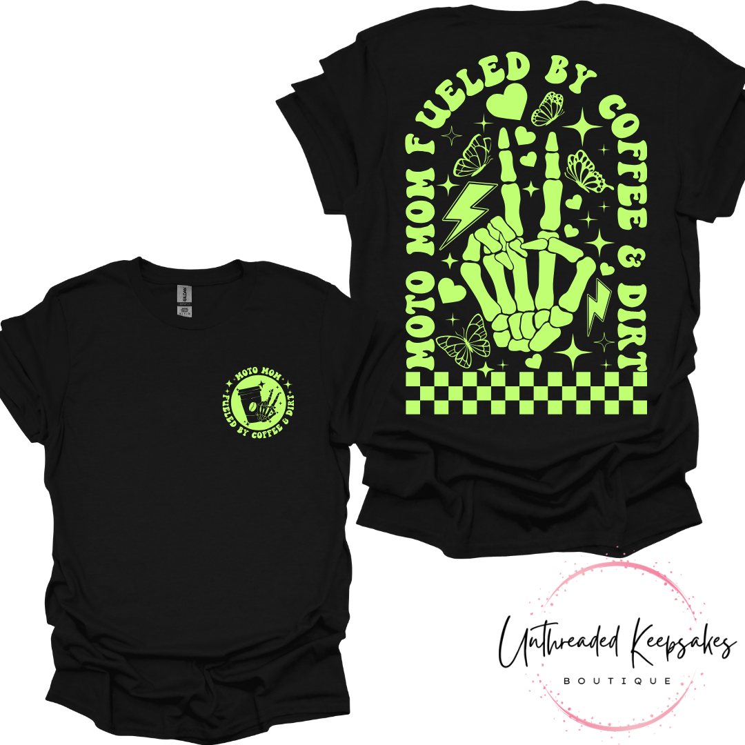 Moto Mom Fueled by Coffee and Dirt Peace Fingers Graphic T-Shirt