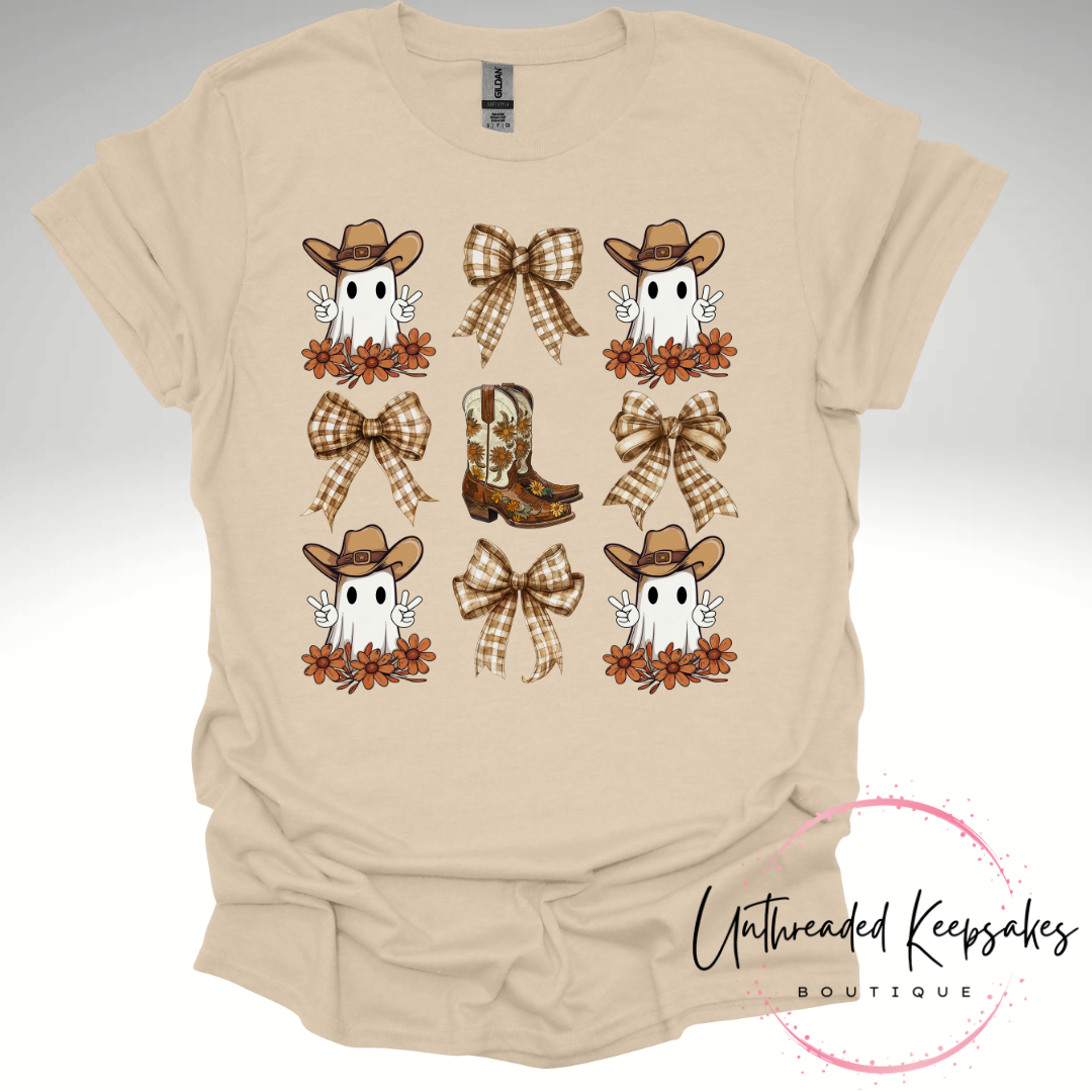 Cowgirl Boots Bows Ghosts Cute Western Style Halloween Graphic T-Shirt