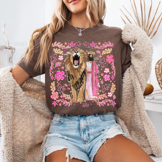 Colorful Floral Lion of Judah Jesus Graphic T-Shirt | Christian Faith Tee | Inspirational Worship Unisex Shirt | Religious Apparel
