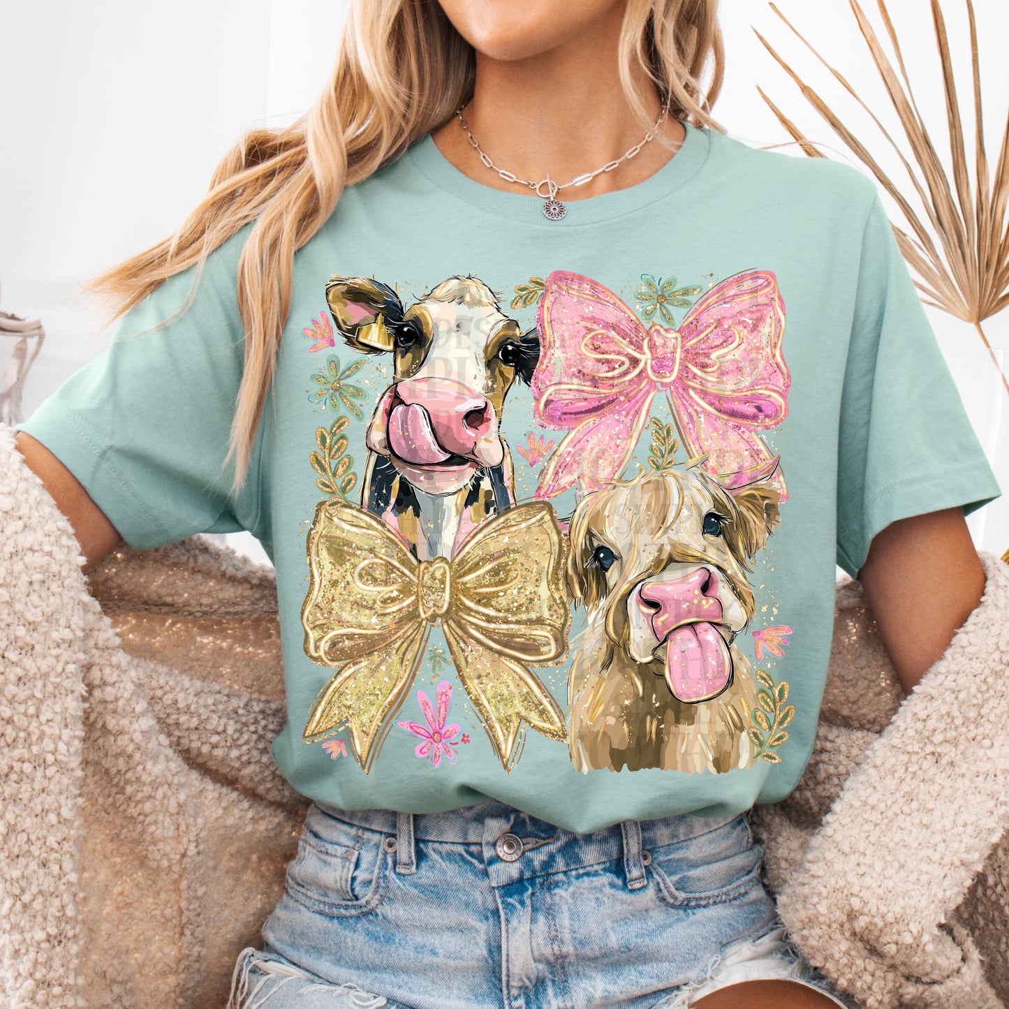 Cow and Bow Graphic T-Shirt | Cute Farm Animal Coquette Tee | Country Life Unisex Shirt | Trendy Western Graphic Apparel