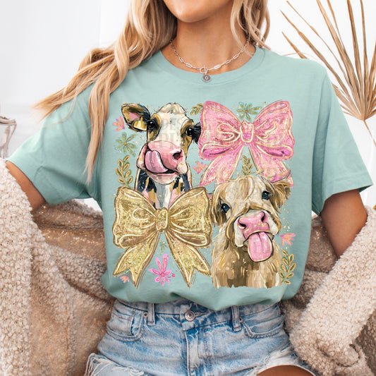 Cow and Bow Graphic T-Shirt | Cute Farm Animal Coquette Tee | Country Life Unisex Shirt | Trendy Western Graphic Apparel
