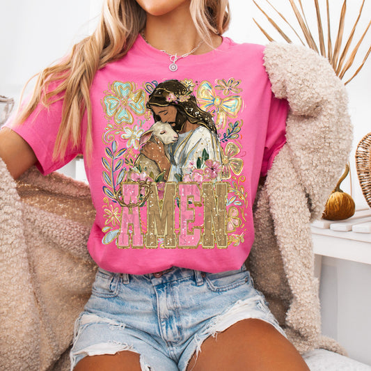 Amen Jesus and Lamb Graphic T-Shirt | Christian Faith Tee | Lamb of God Inspirational Unisex Shirt | Religious Church Apparel