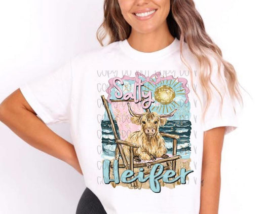 Salty Heifer Highland Cow Graphic T-Shirt | Funny Highland Cow Tee | Beach Life Summer Unisex Shirt | Coastal Farmhouse Apparel