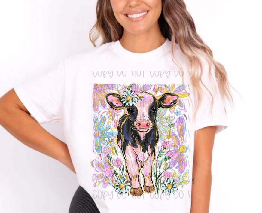 Floral Cow Shirt Cute Farm Animal Tee, Colorful Cow Graphic Shirt, Western Boho Cow Tee